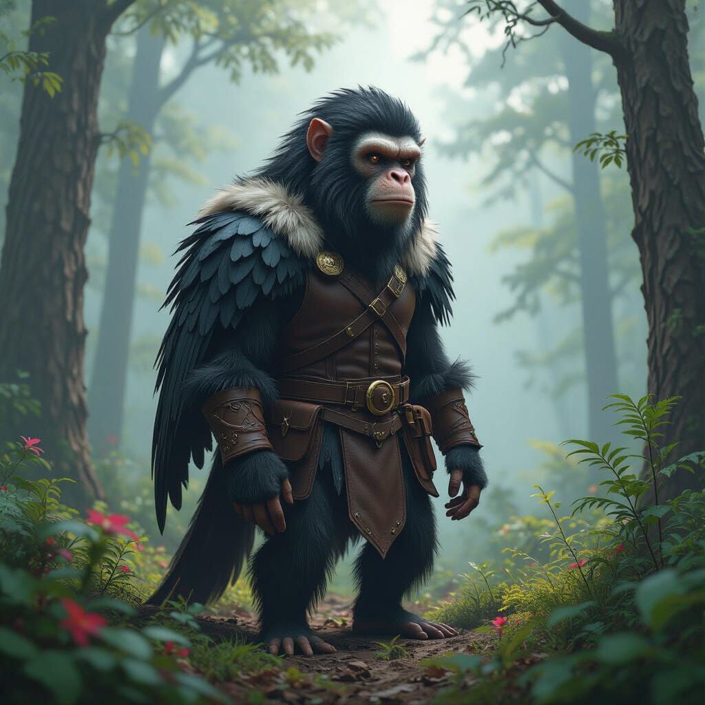 Eagle-Monkey Hybrid in Misty Forest, Matte Painting