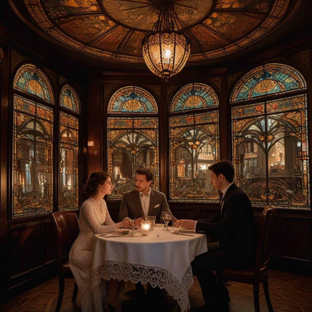 Luxurious Art Nouveau Dinner Scene with Stained Glass Canopy