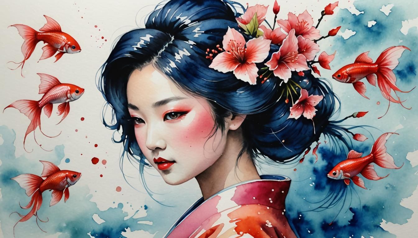A Geisha Surrounded by Vibrant Betta Fish in a Whimsical Aqu...