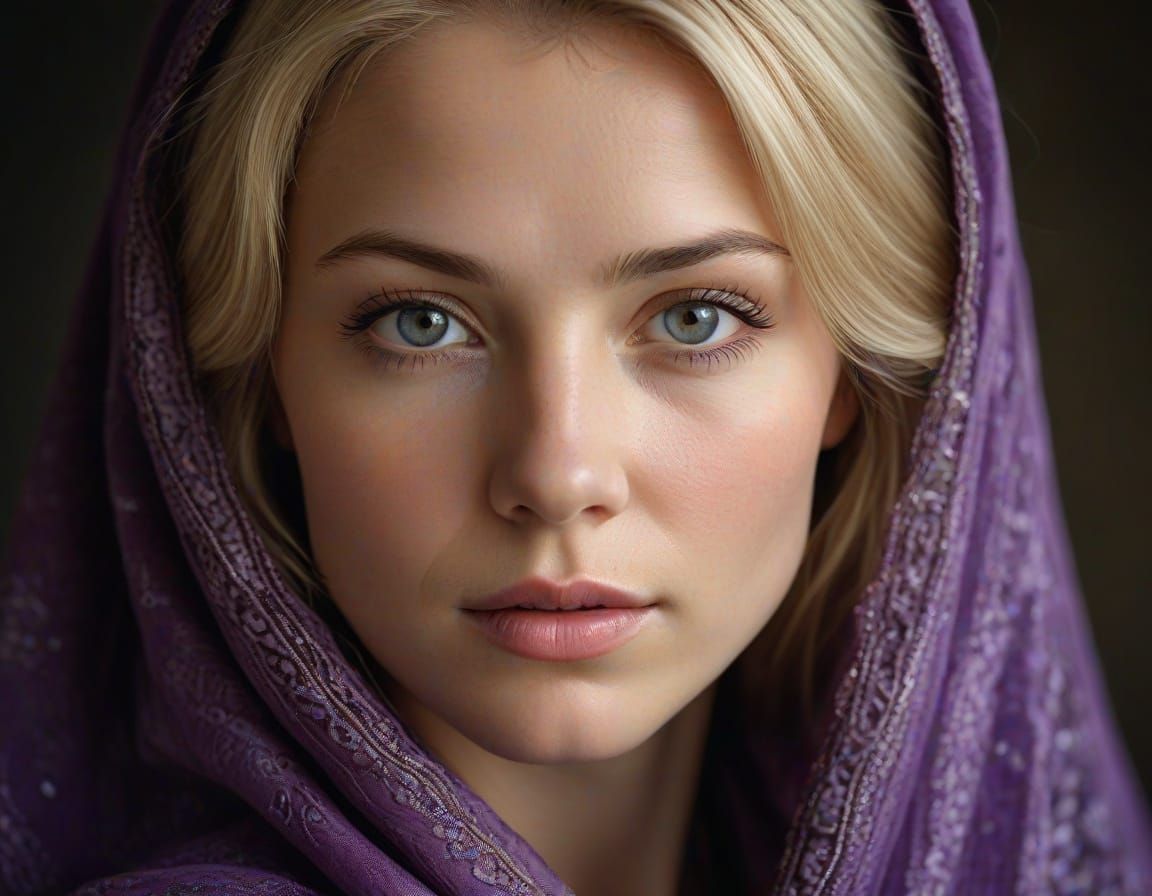 Elegant American Woman in Radiant Purple Shawl