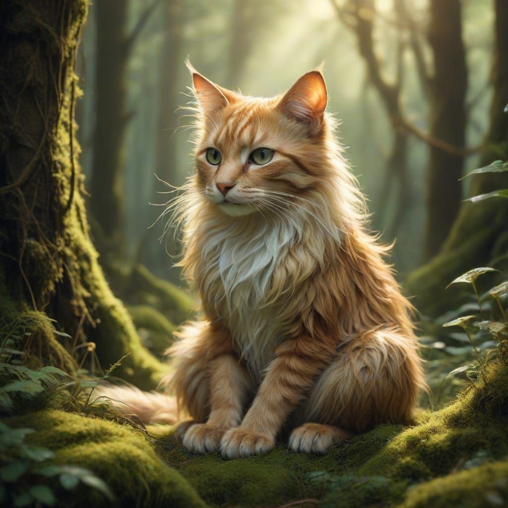 Enchanting Whimsical Feline Creature in a Misty Forest