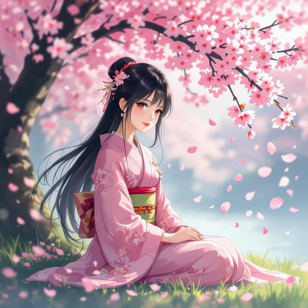 Japanese Girl in Kimono Under Sakura Tree
