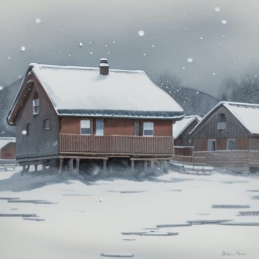 Ink Wash Painting of a Snow-Covered European Village