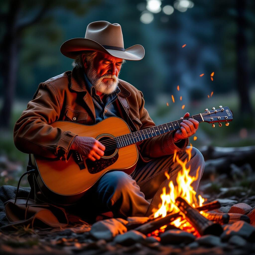 Elderly Cowboy's Campfire Serenade: Rustic Digital Art