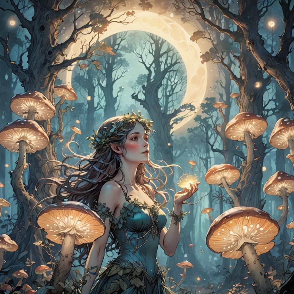 Dryad in Moonlit Forest: Digital Fantasy Art