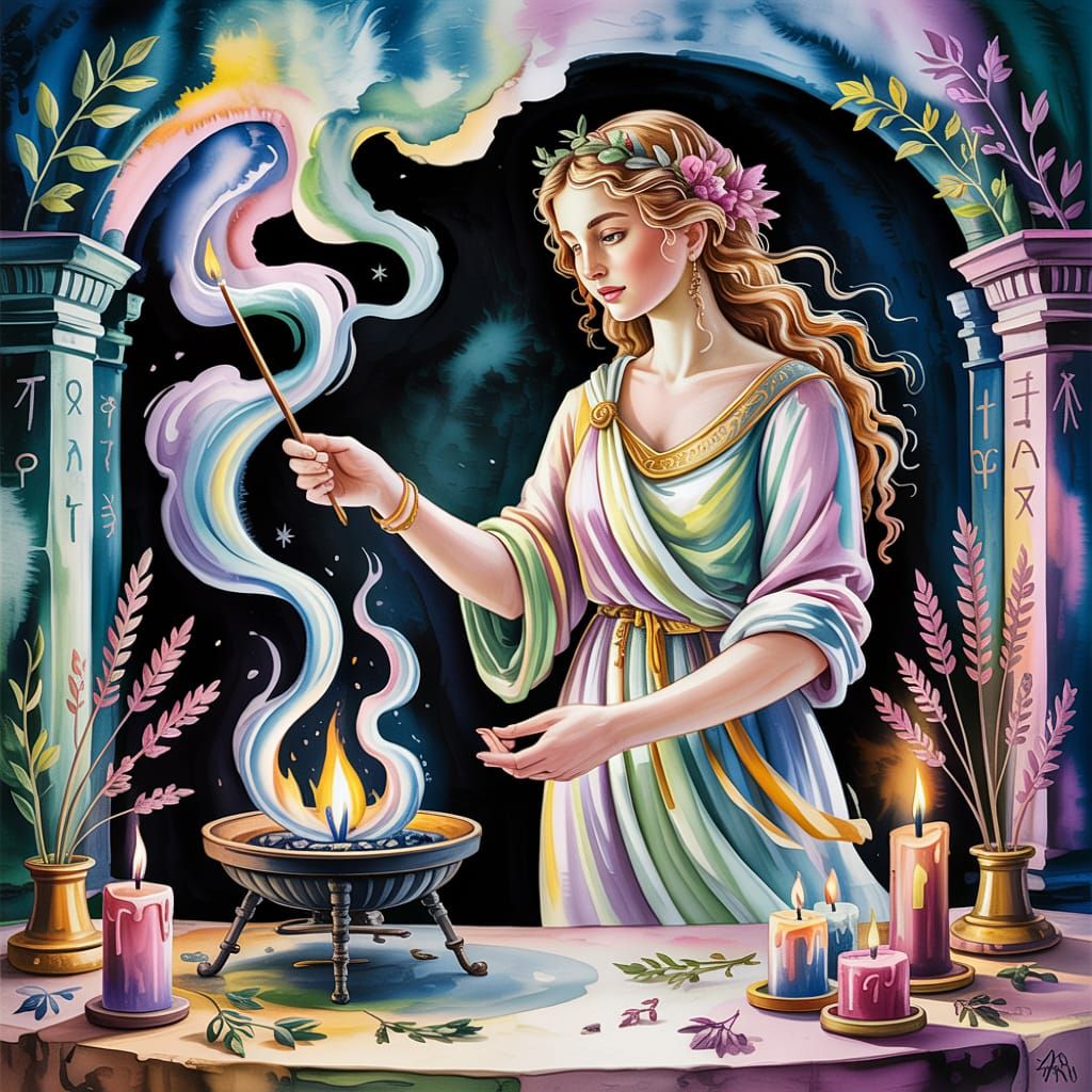 Aphrodite in Witchcraft Workshop as Pastel Watercolor