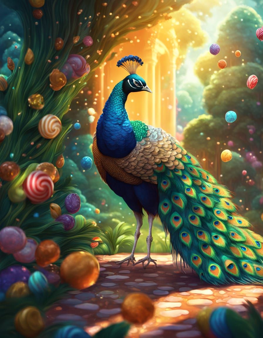 Vibrant Peacock in Royal Garden: Candy Art Style