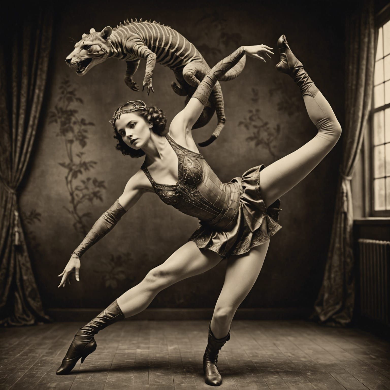 Vintage Photo: Dancing Contortionist With Bizarre Animal