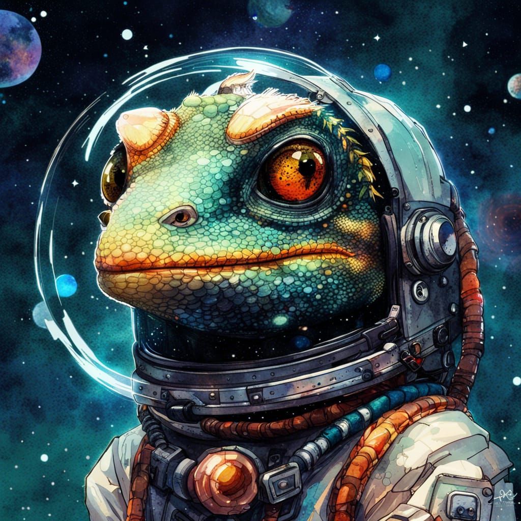 Anime Lizard Astronaut Portrait in Watercolor