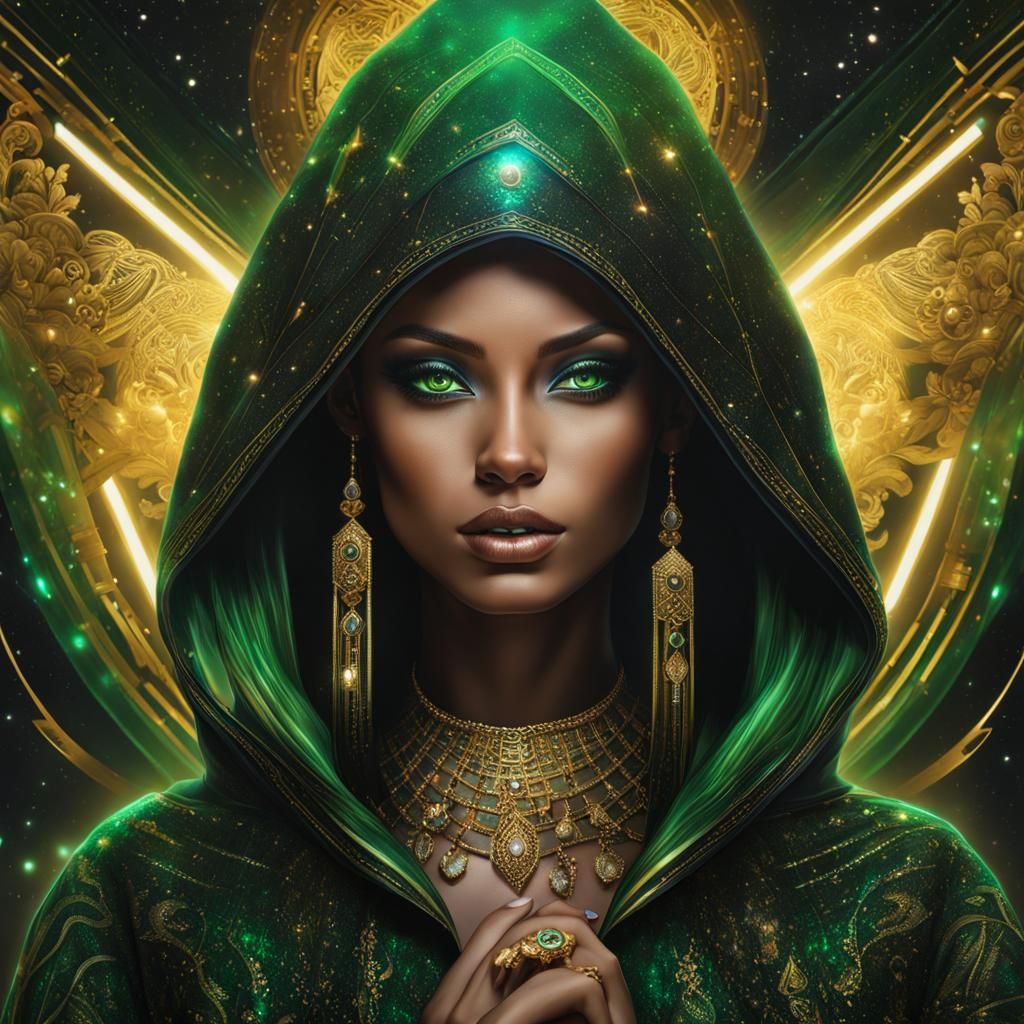 Beautiful Woman with Futuristic Jewelry, Holographic Illustr...