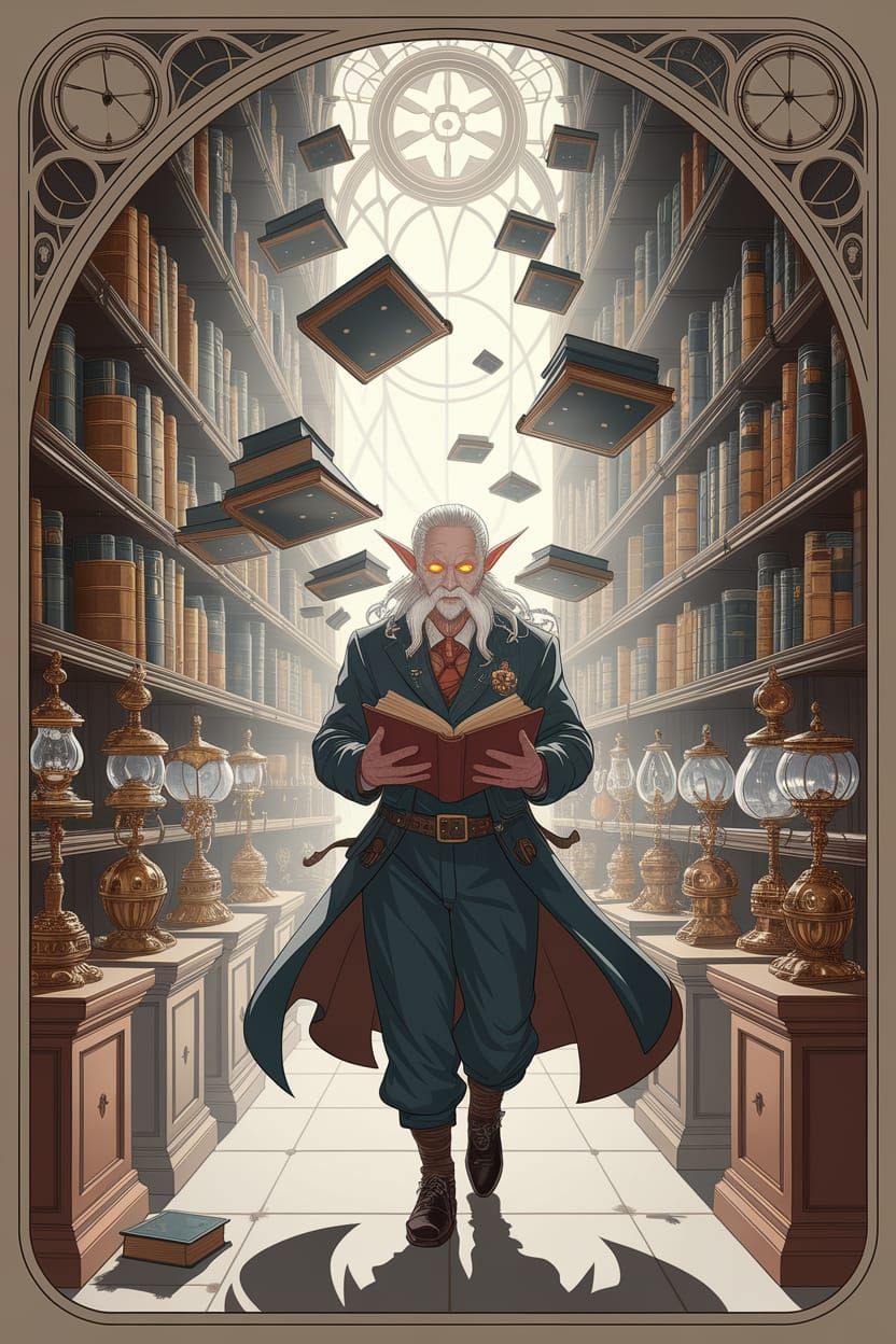 Elven Librarian in Steampunk Art Nouveau Library