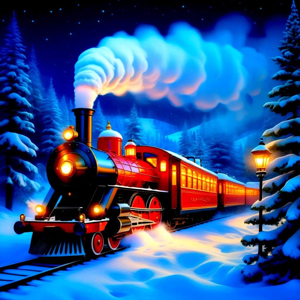 Steampunk Train Journey Through Snowy Forest
