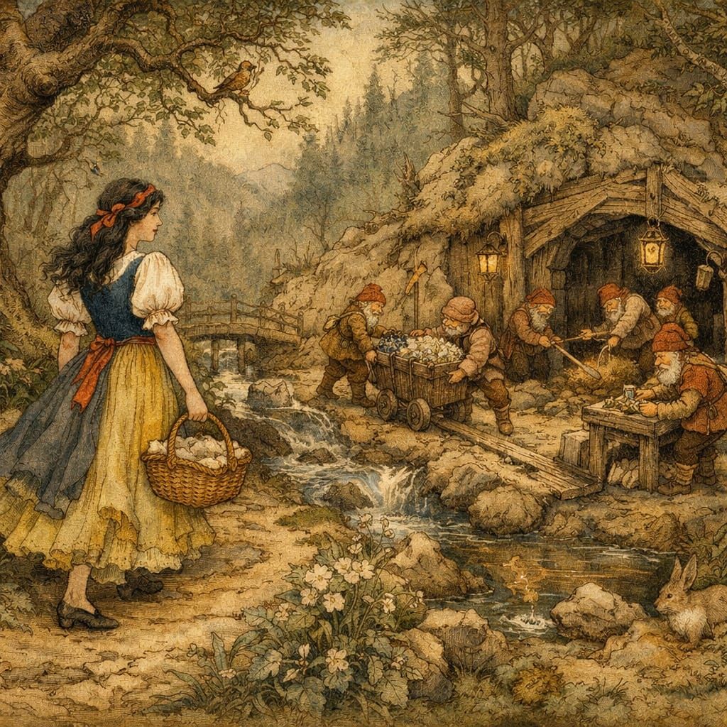 Snow White Delivers Lunch to Dwarfs in Enchanted Forest