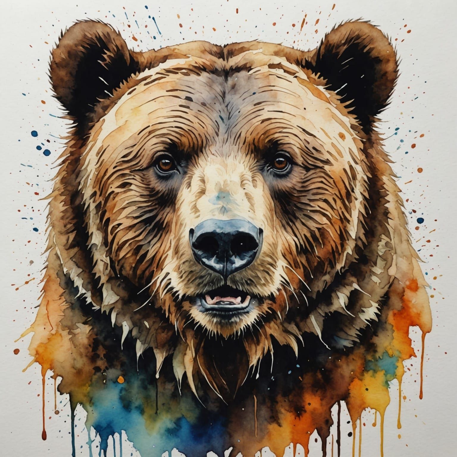 Grizzly Bear Portrait with Watercolor Splatter