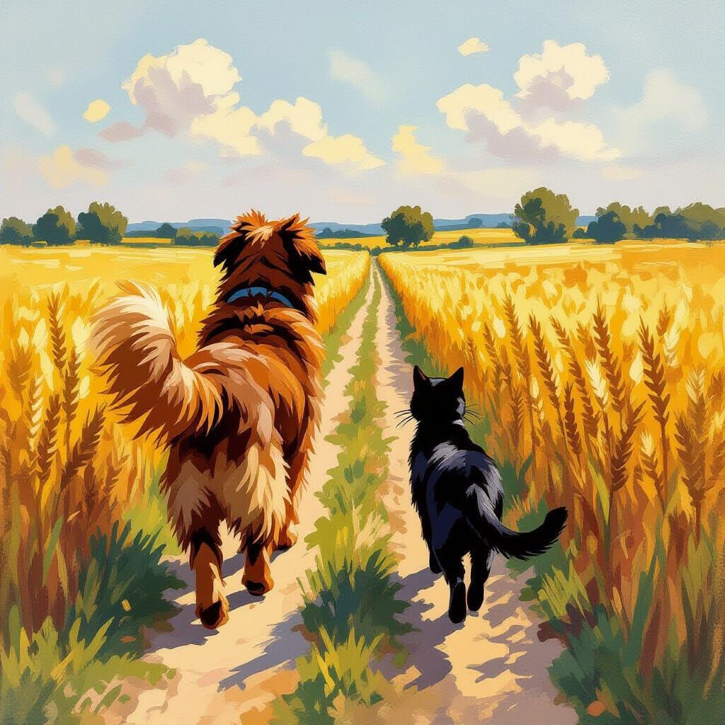Brown Dog and Black Cat Walk Through Wheat Fields