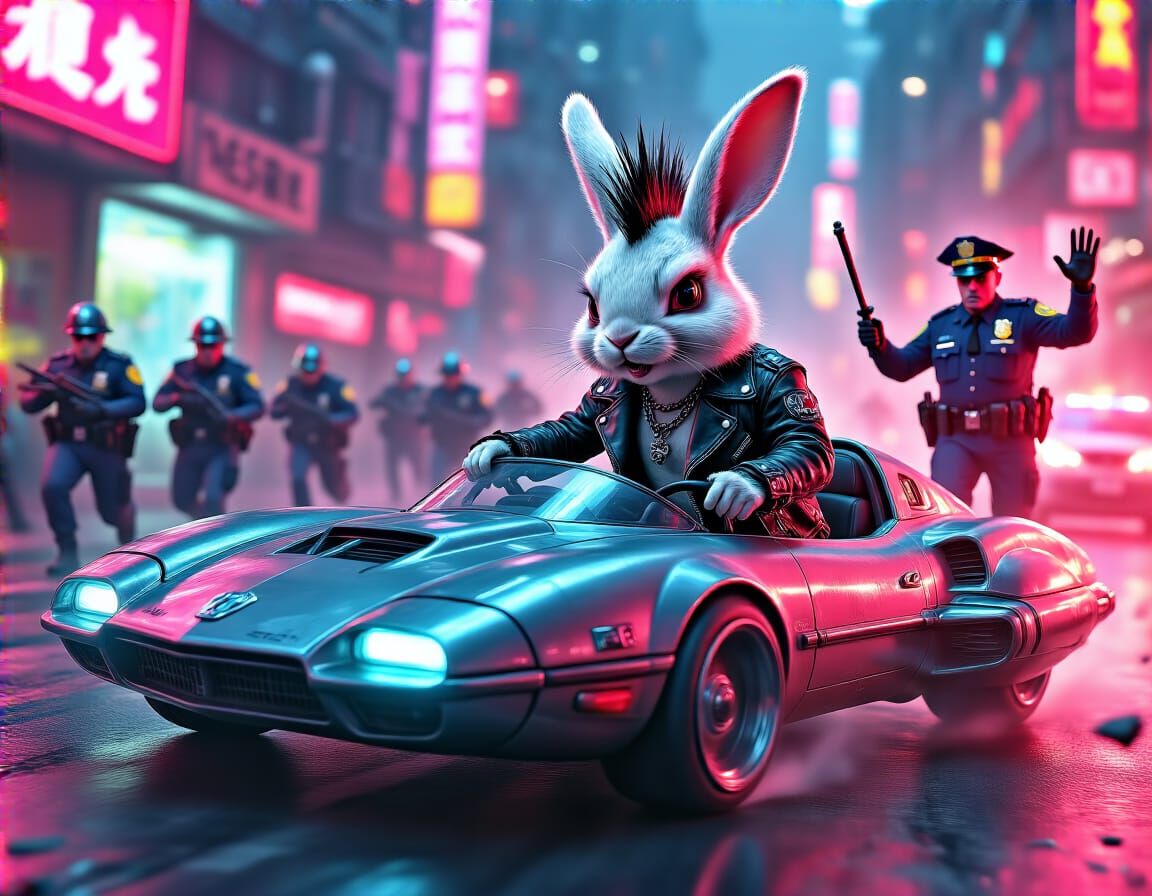 Punk Rock Rabbit Steals Hovercar in Cyberpunk City