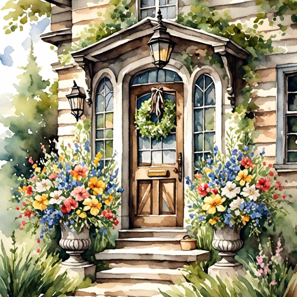 Charming Home Entrance in Antique Watercolor Style