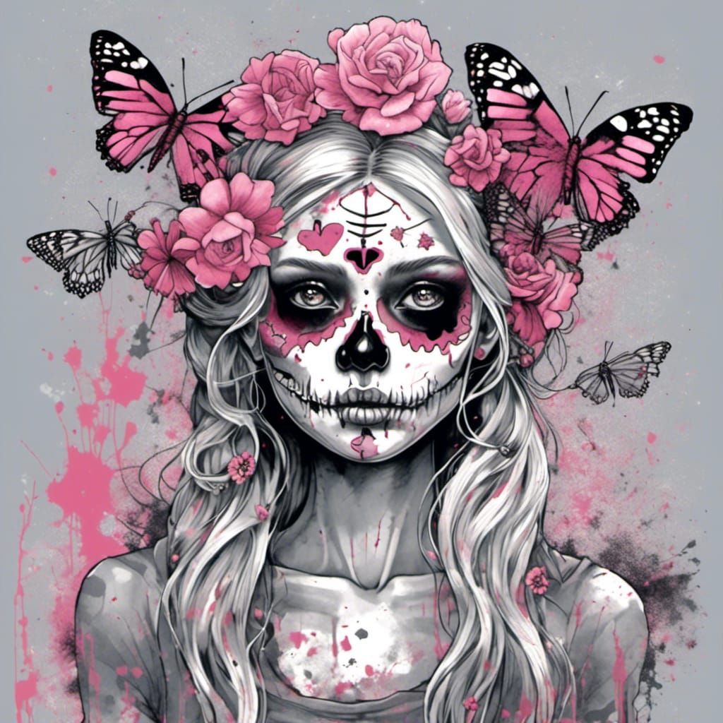 Zombie Girl with Sugar Skull and Flower Crown
