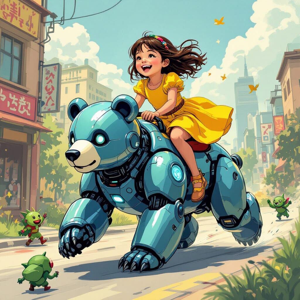 Girl Rides Cybernetic Bear Through Goblin City in Pop Surrea...