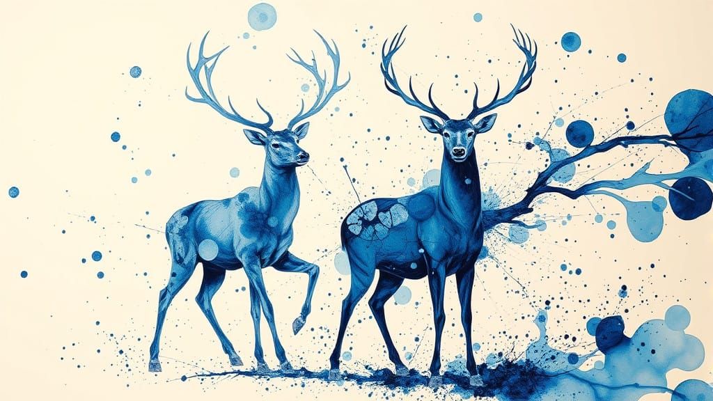 Vibrant Abstraction of Fragmenting Reindeer in Icy Blues and...