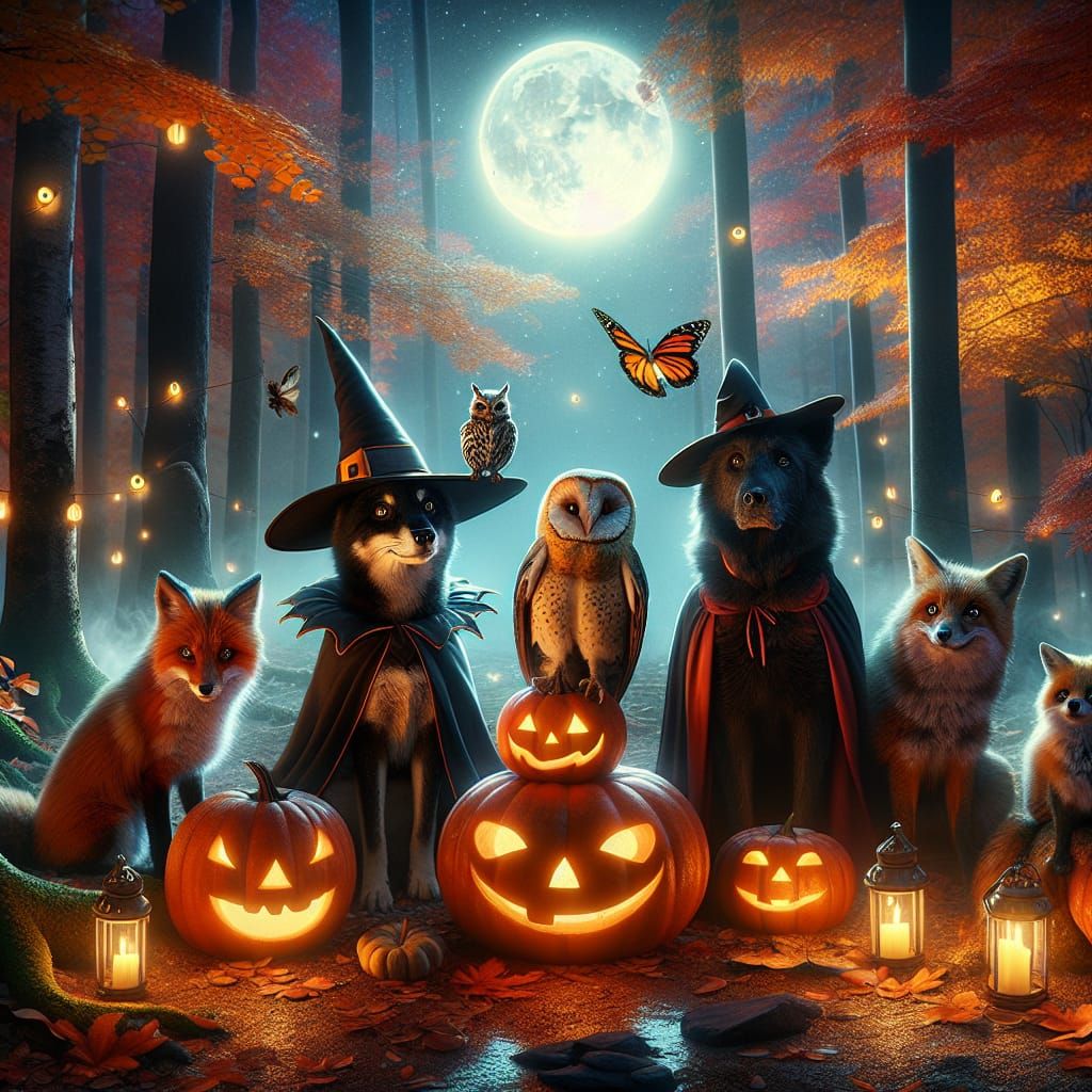 Moonlit Animals in Halloween Costumes Gather in Forest