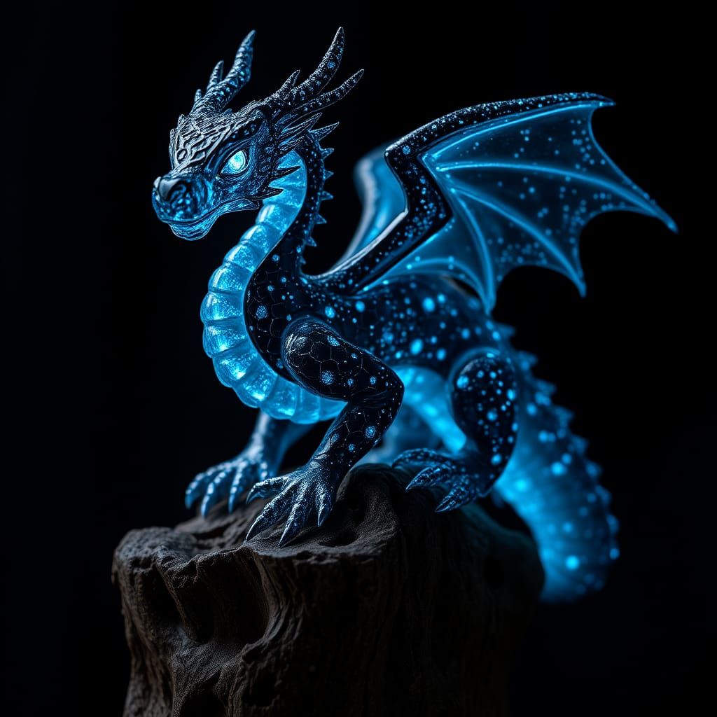 Bioluminescent Crystal Dragon Sculpture on Tree Stump