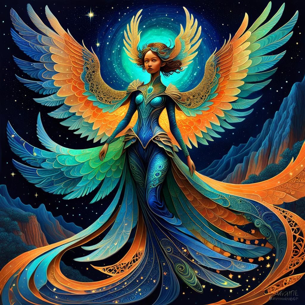 Bioluminescent Harpy in Iridescent Abstract Style