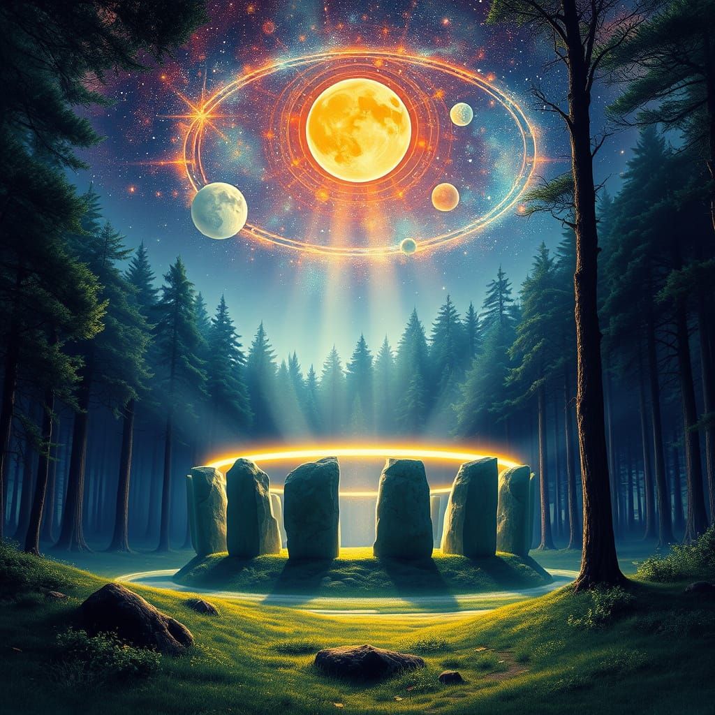 Magical Forest Clearing with Cosmic Celestial Display