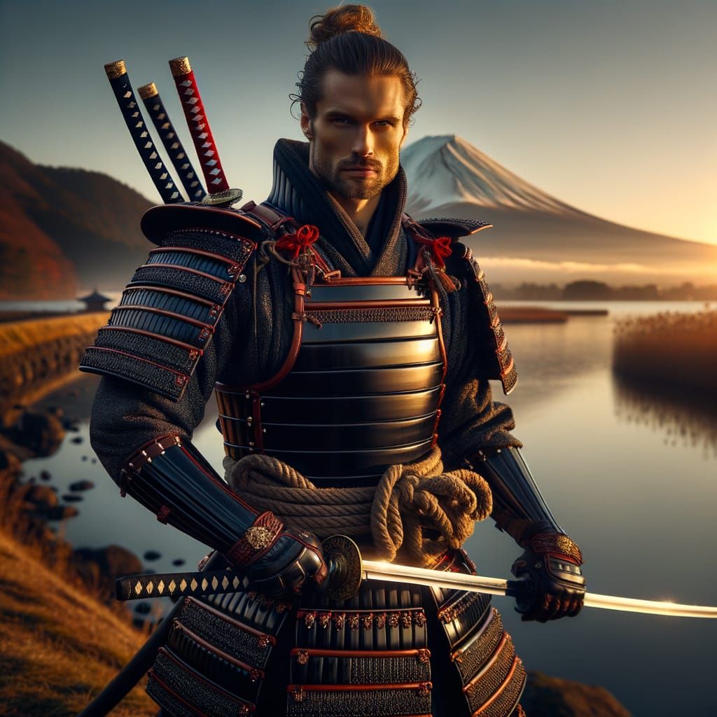 Samurai in Armor at Sunset with Mt. Fuji