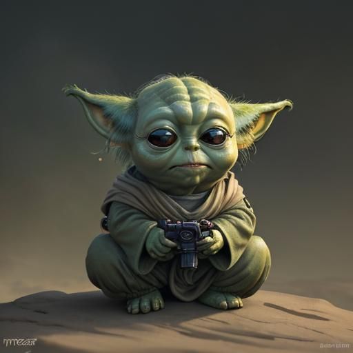 Baby Yoda in Militant Camo Meditating Above Volcano in Drama...