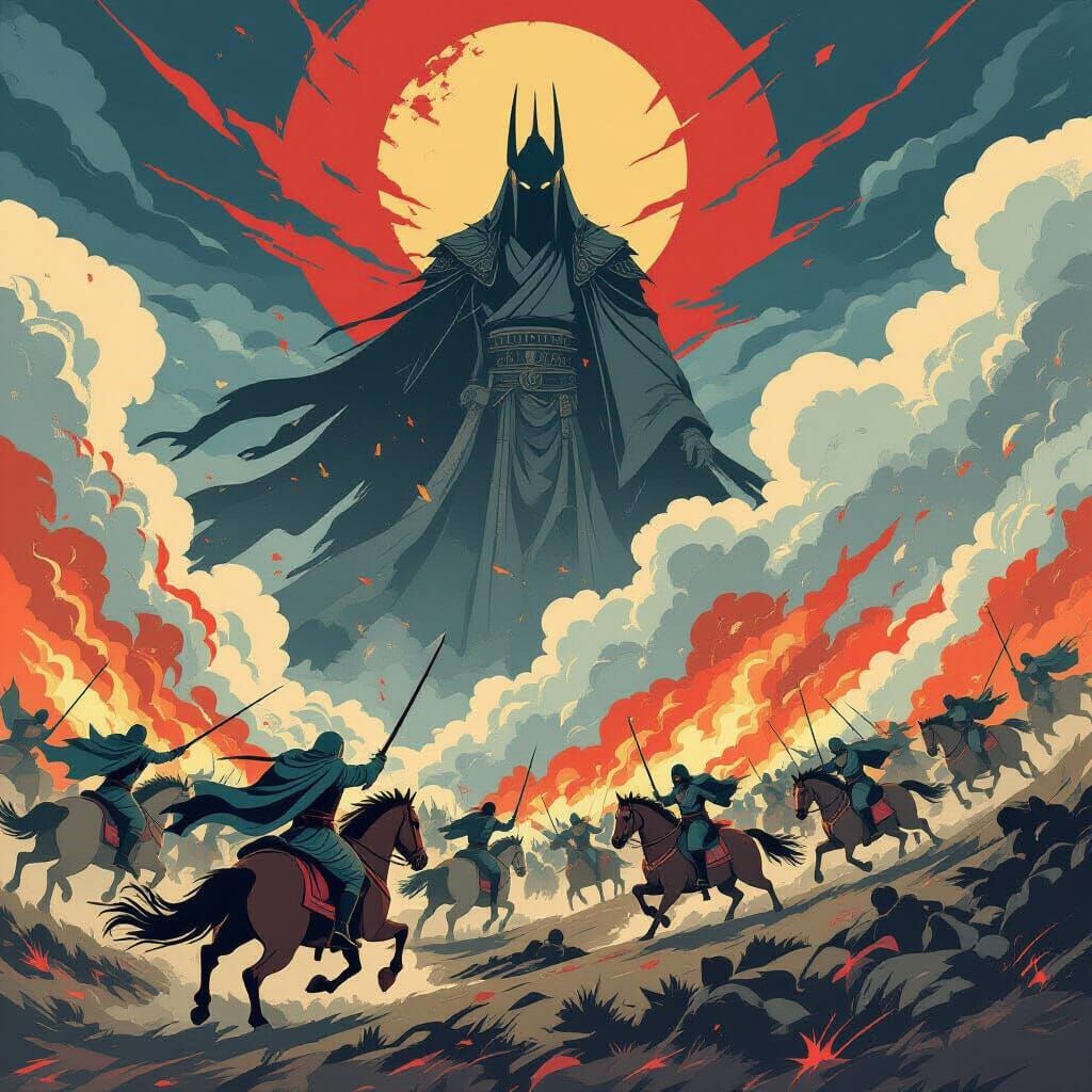 Ukiyo-e Style Battle: Rohirrim vs. Goblins at Minas Tirith