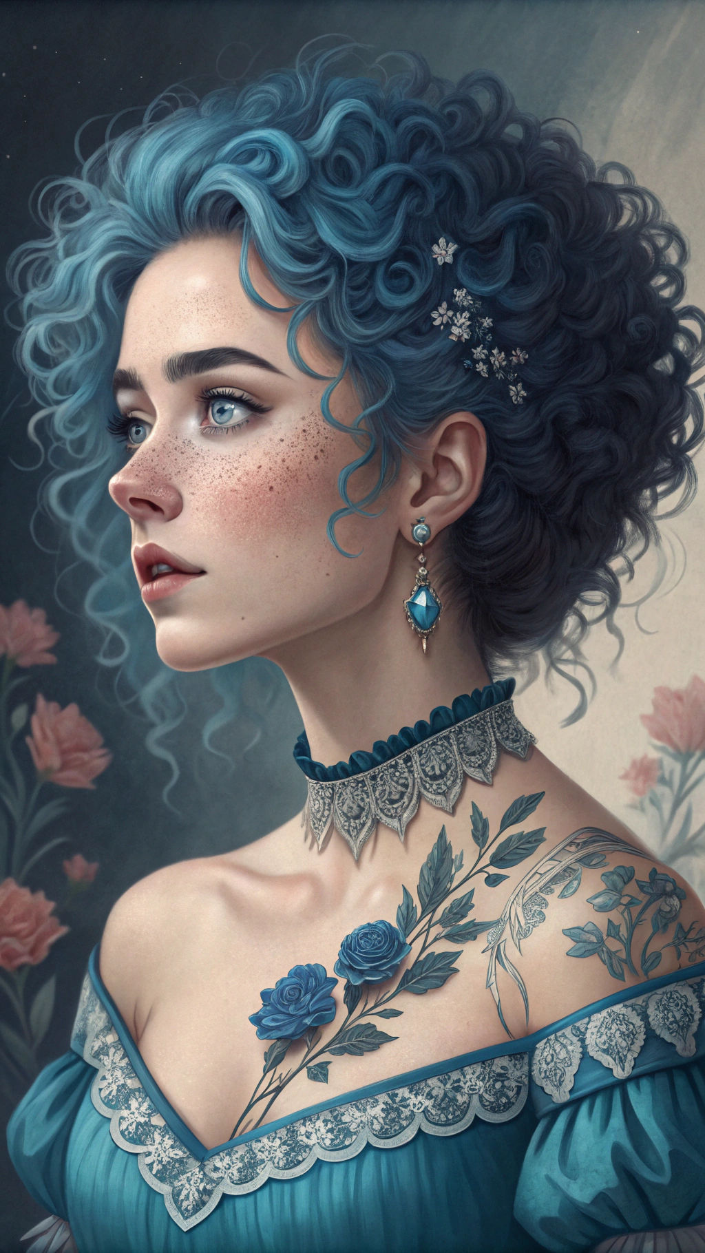 Blue-Haired Woman Portrait in Fantasy Sci-Fi Style