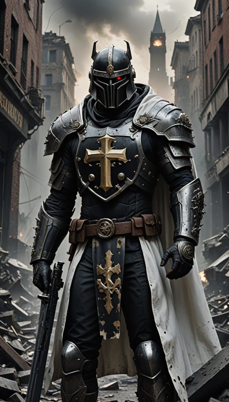 Futuristic Soldier of Balance Holds Massive Shield in Ruined...