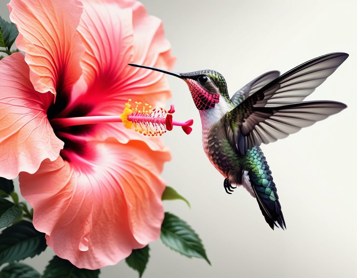 Elegant India Ink Hummingbird Amidst Hibiscus Blooms
