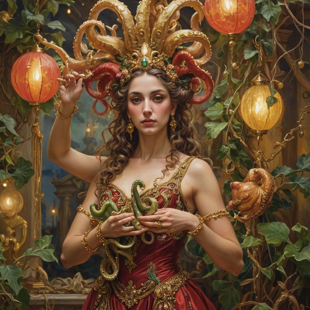 Greek Woman with Octopus in Baroque Carnival Scene