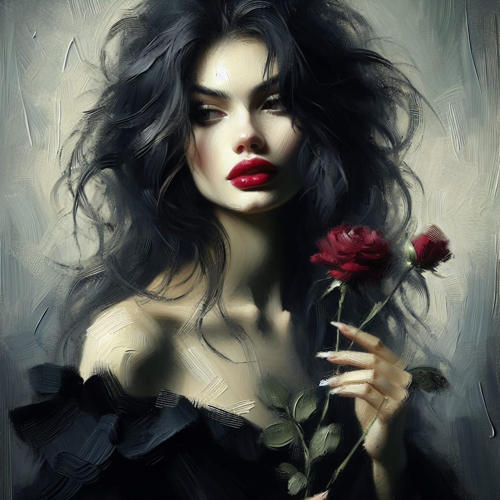 Romantic Oil Painting of Enigmatic Woman with Rose