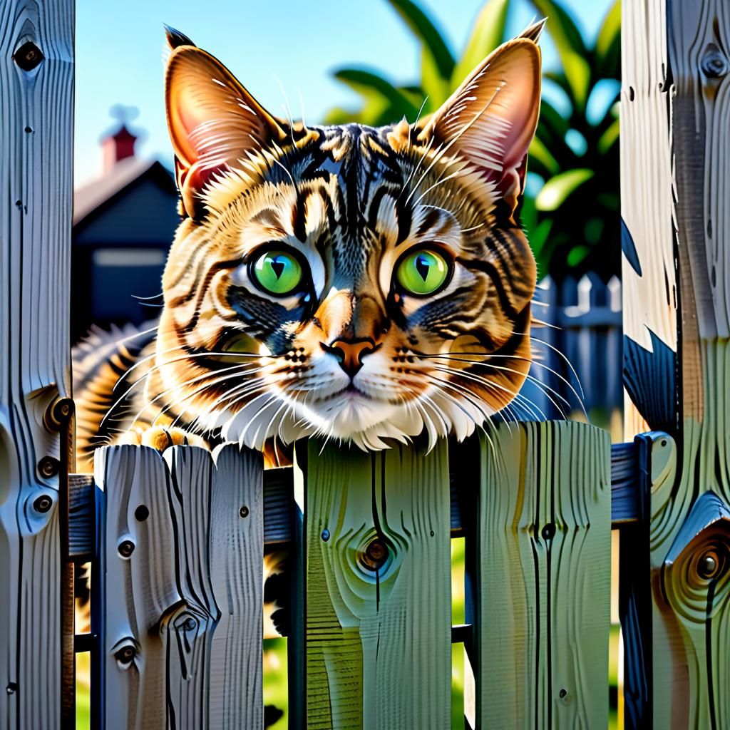 Hyperrealistic Tabby Cat Over Fence