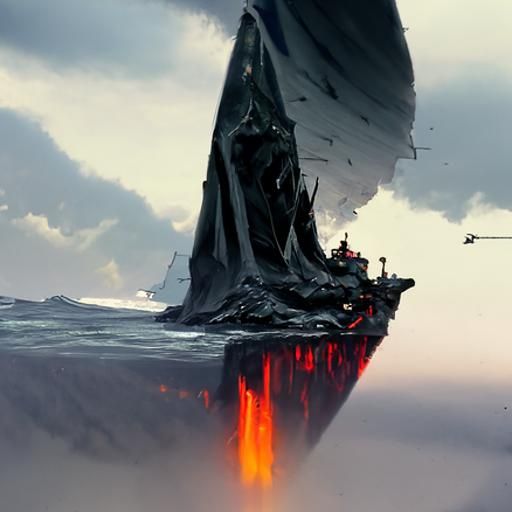 Metal Ship Sailing on Lava Ocean