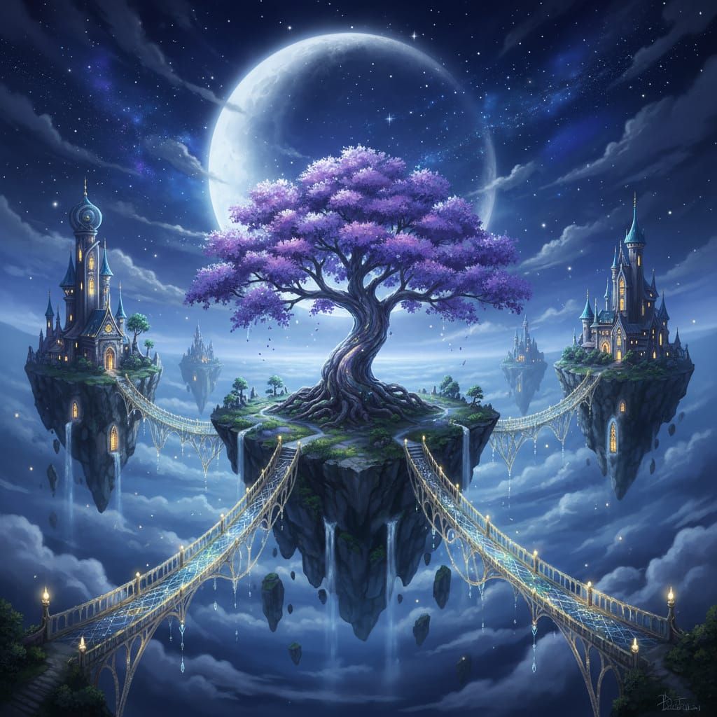 Magical Floating Island Tree with Distant Castles