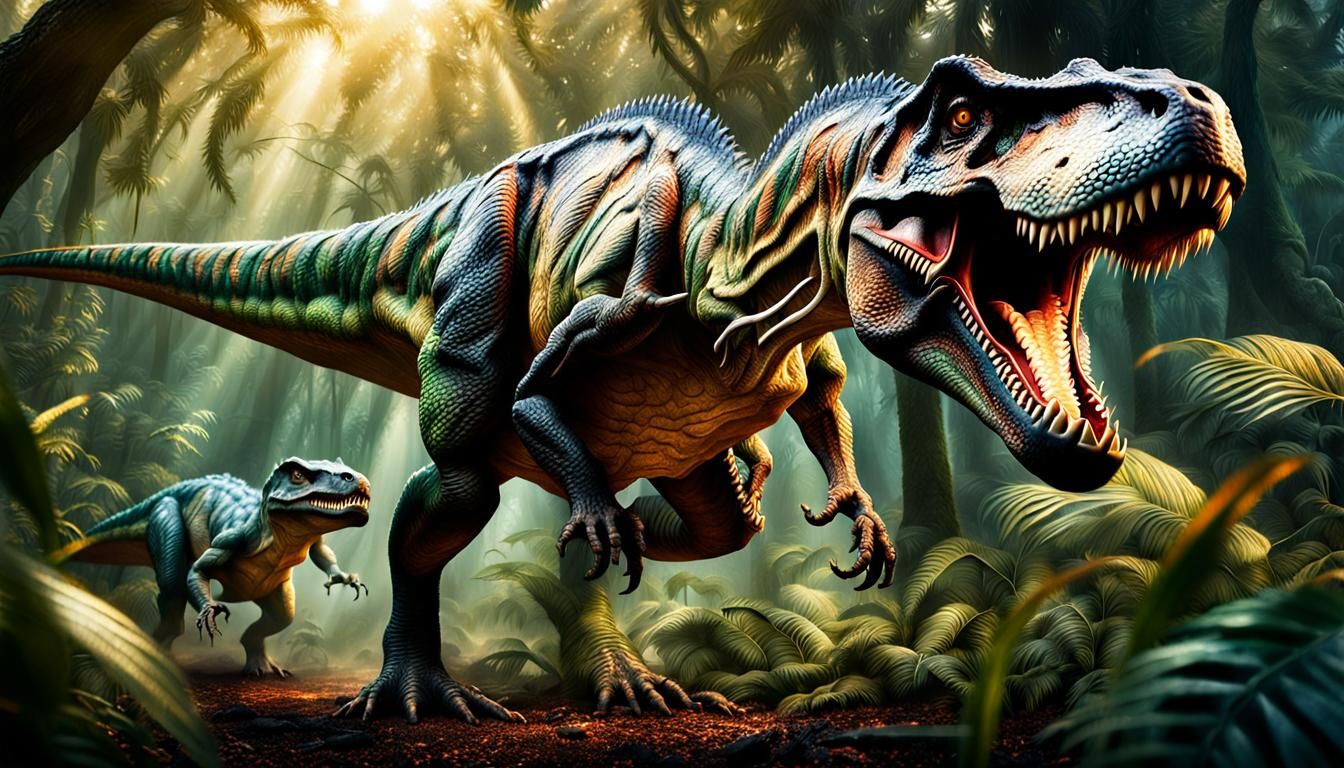 Tyrannosaurus Rex Hunting Dinosaurs in a Jungle