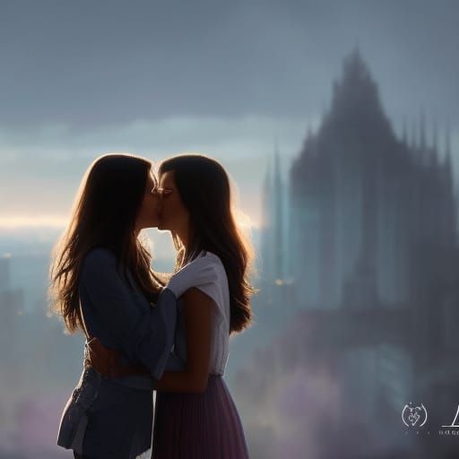 Two Girls Kissing: Neo-Impressionist Engagement Portrait