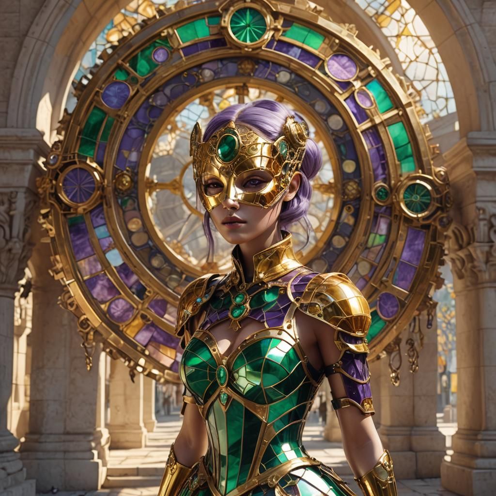 Biomechanical Girl Sculpture with Stained Glass Dress