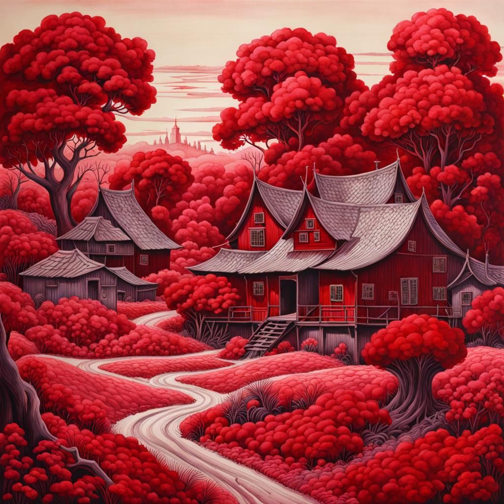 Crimson Village in Ink Wash Style