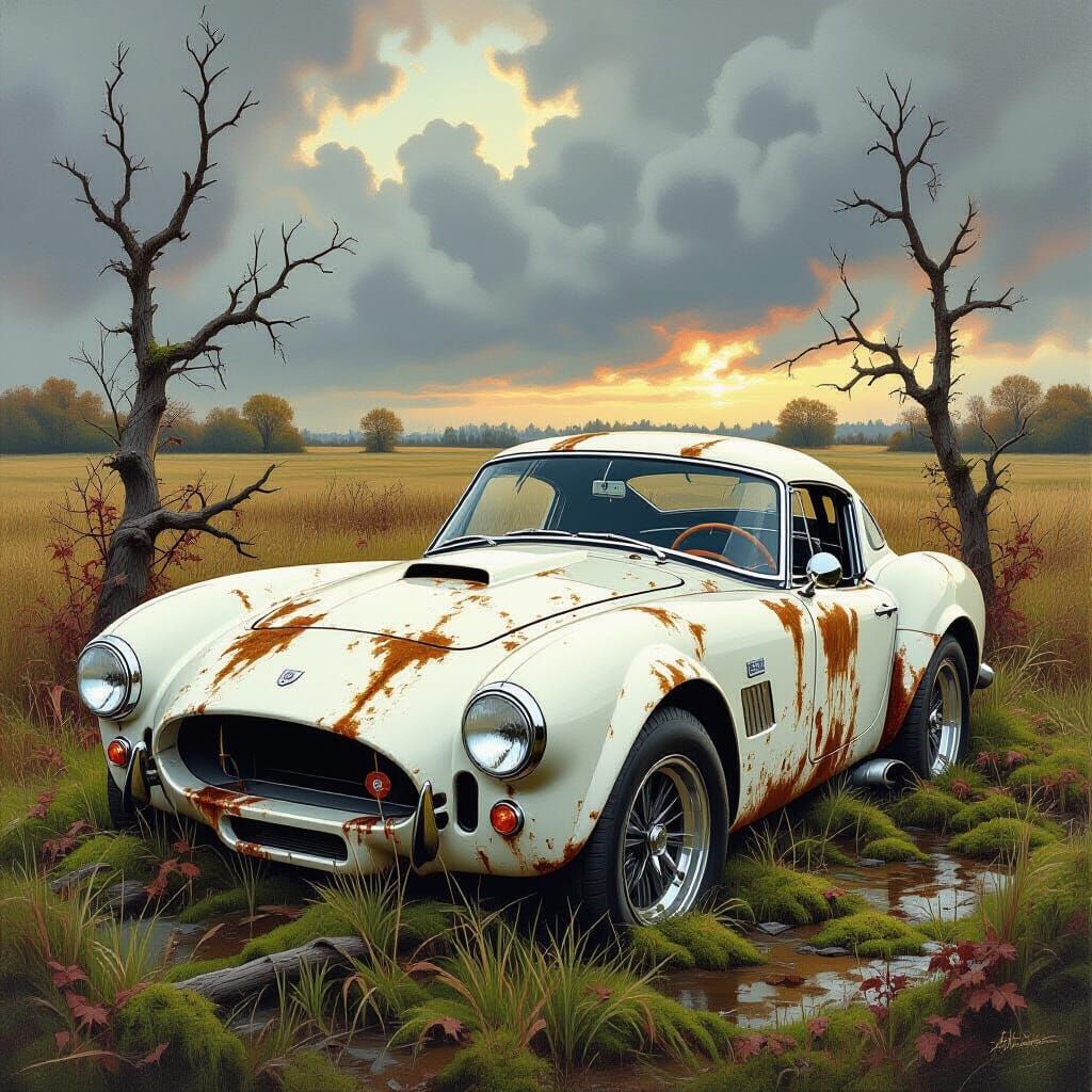 Destroyed Shelby Cobra Covered in Moss in Overgrown Field