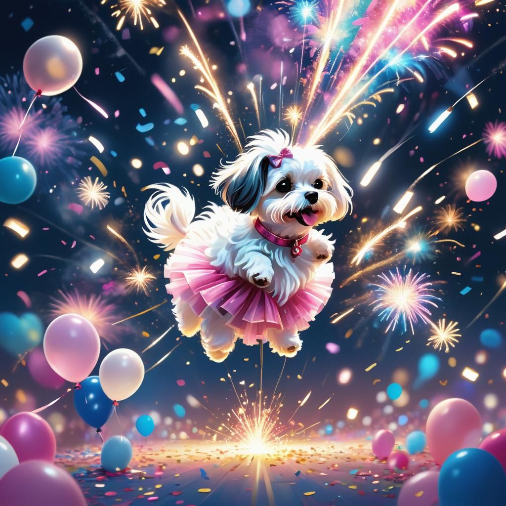 Maltese Dog in Pink Tutu on Stage with Fireworks