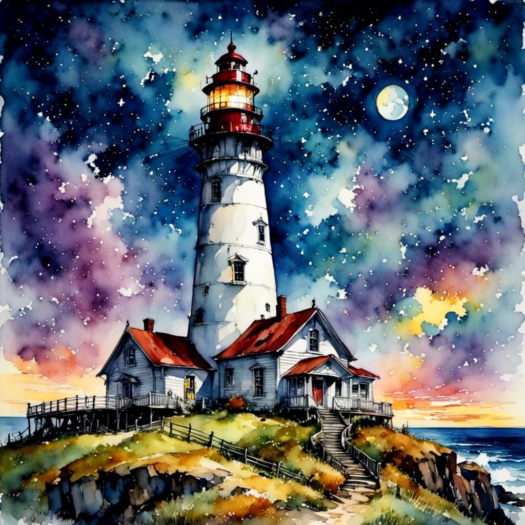 Twilight Lighthouse with Shooting Stars in Cel-Shaded Style