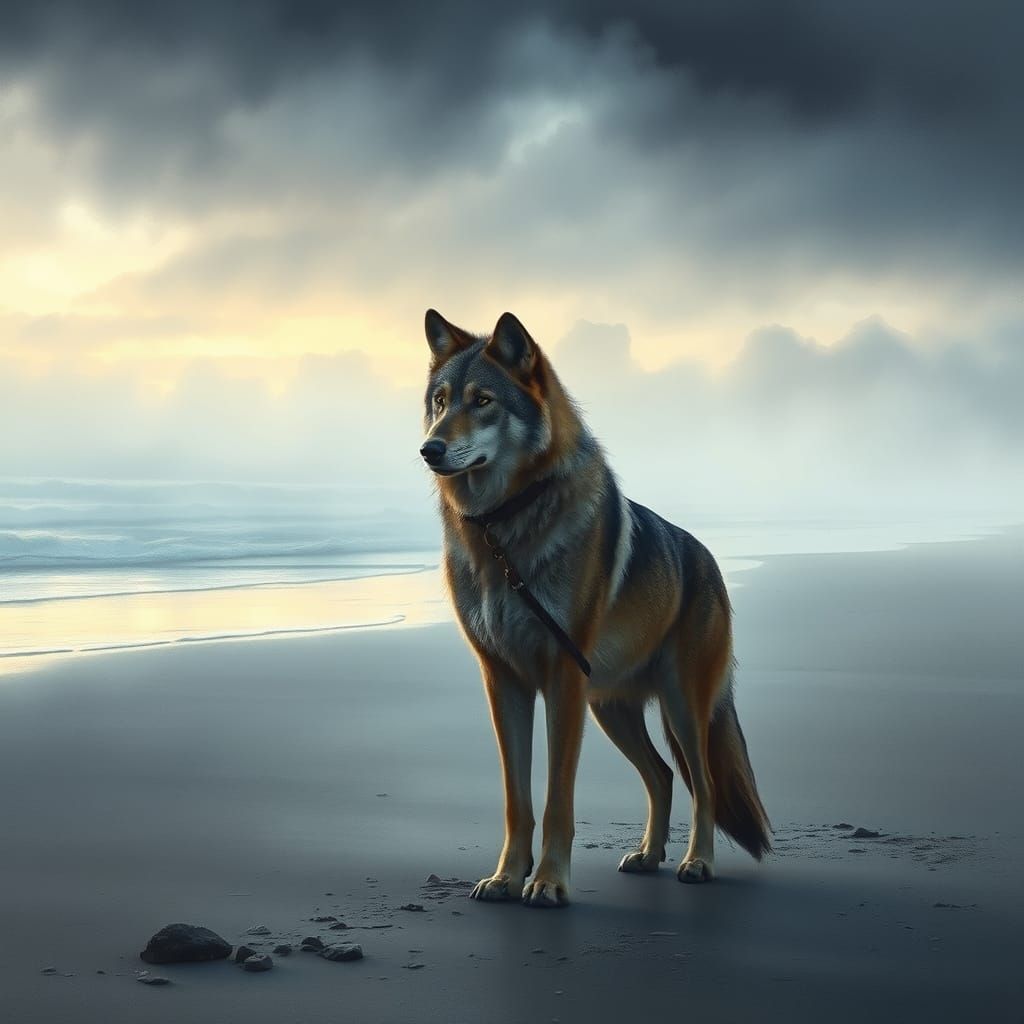 Lone Wolf on Misty Beach at Twilight in Watercolor Style