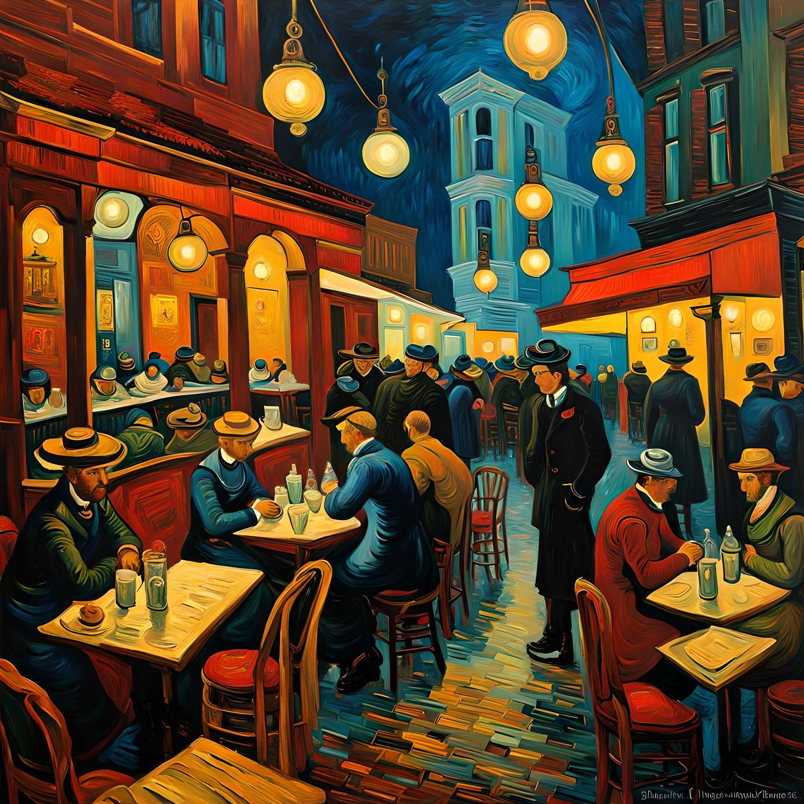Night Cafe Scene in Post-Impressionist Style