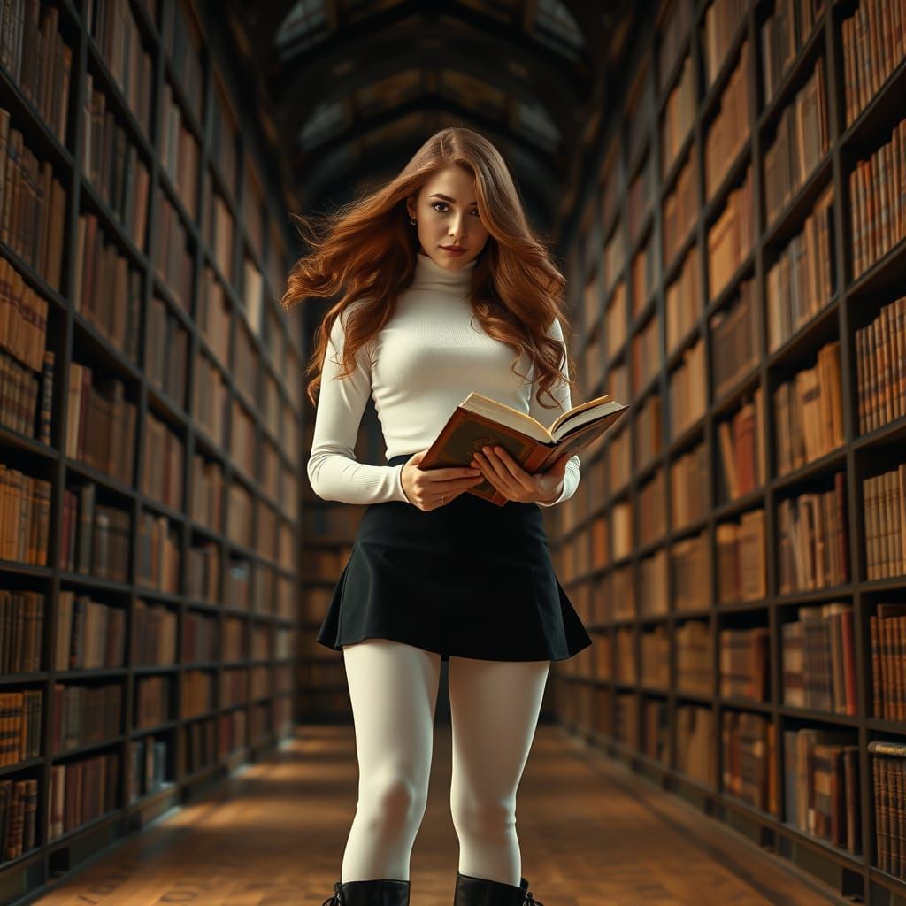 Stunning Curvy Woman in Grand Library with Antique Book