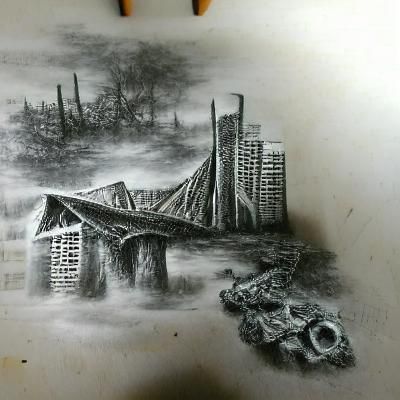 Detailed Charcoal Drawing: Abandoned Cityscape with Broken B...